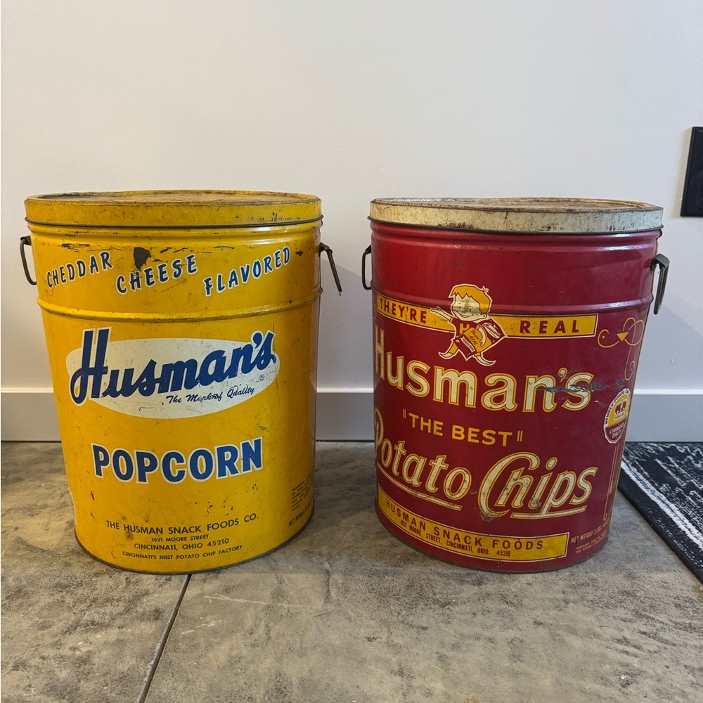 Husman's Vintage Popcorn & Potato Chips Tin Set - Yellow & Red